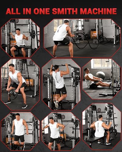 Smith Machine Home Gym All in One, 2200LBS Squat Rack Power Cage with Smith Bar, LAT Pull-Down, Cable Systems, Leg Hold-Down and More Attachments, Workout Equipment (Red Black)