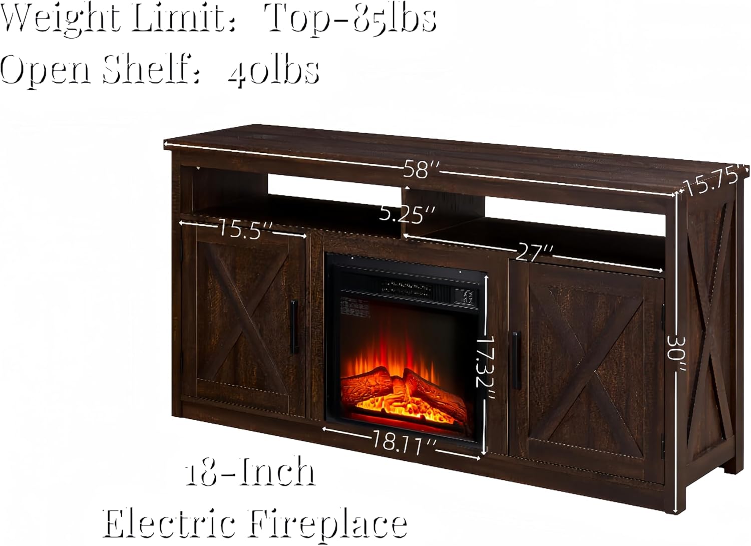 CHARMMA Farmhouse TV Media Stand, Large Barn Inspired Home Entertainment Console, with 18" Fireplace Insert, for TV Up to 65", with Open Shelves and Closed Cabinets, Espresso 57.87 * 15.75 * 30.31