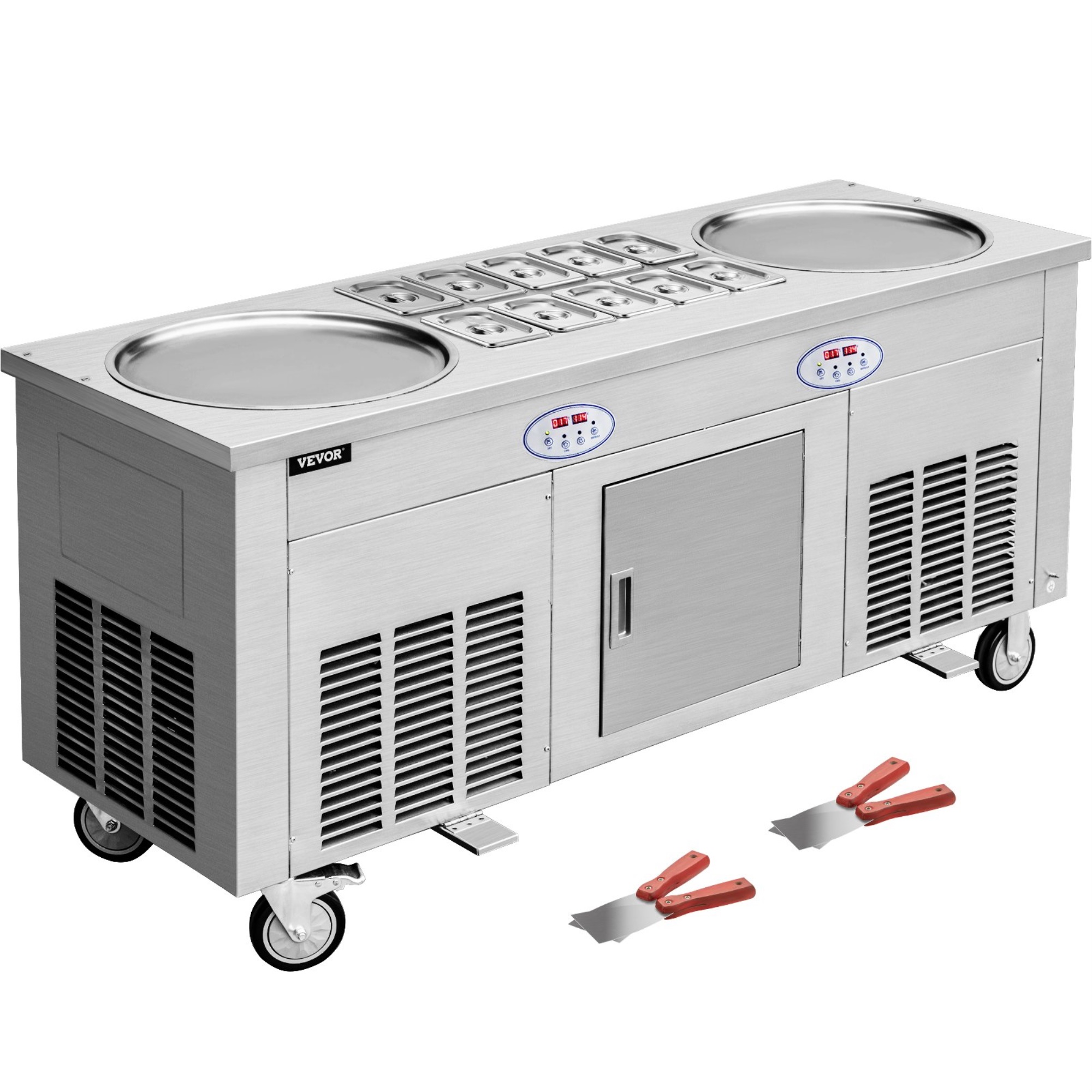 VEVOR Commercial Ice Roll Maker, 2800W Stir-Fried Ice Cream Roll Machine w/ 2 Pans, Stainless Steel Ice Cream Roll Maker w/ Refrigerated Cabinet