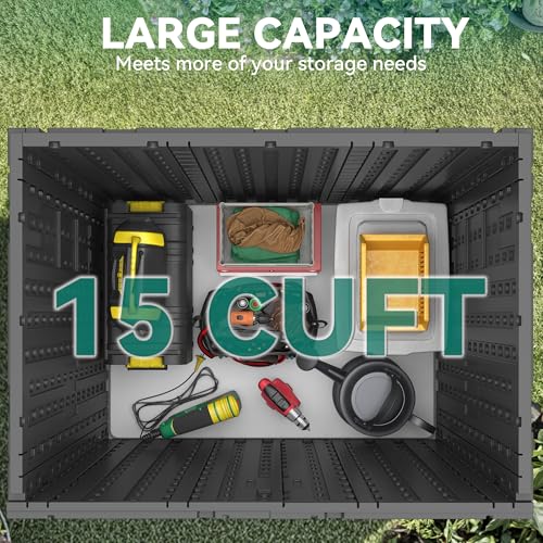 YITAHOME Outdoor Storage Cabinet with 2 Shelves, Waterproof Resin Horizontal Tool Shed, Lockable 15 cu. ft. Storage Shed for Patio, Garden, Yard, Dark Gray