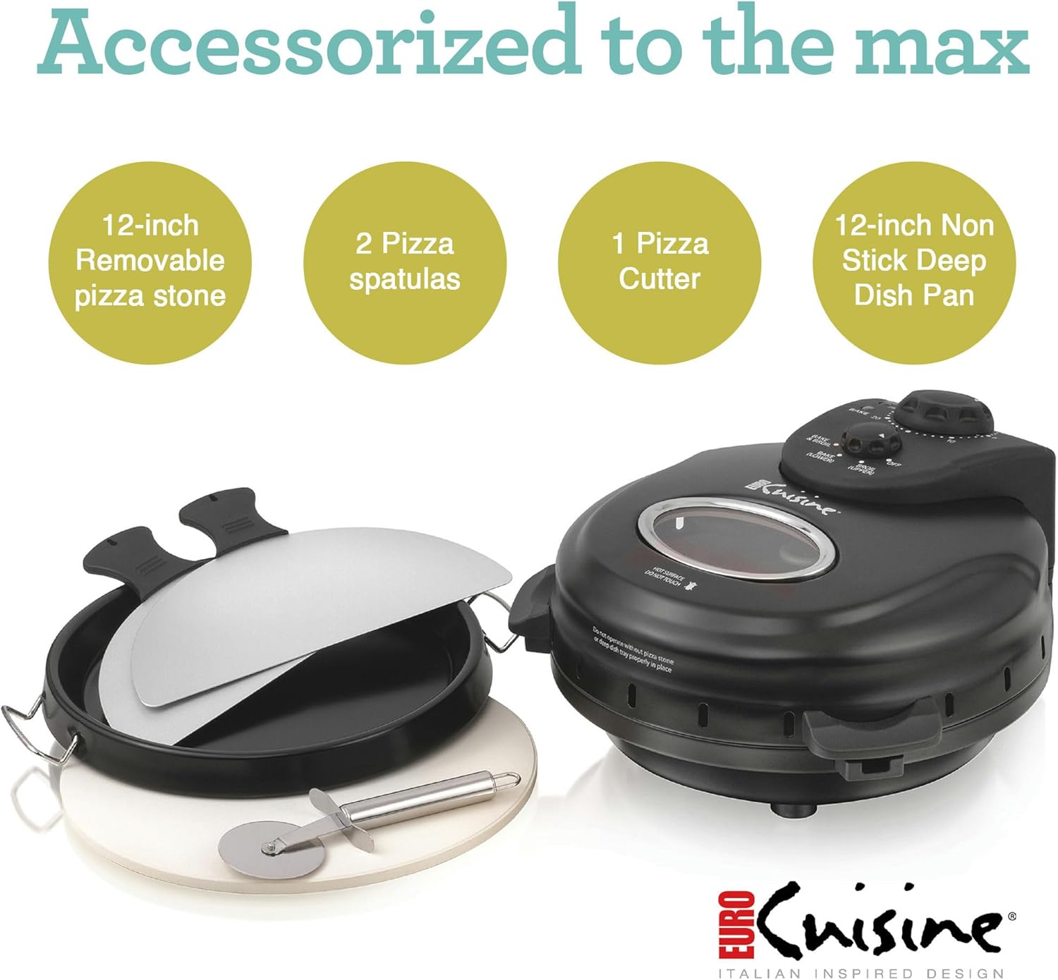 Euro Cuisine PM600 Crispy Crust 12" Rotating Pizza Maker with Stone & Baking Pan, Electric Pizza Oven Countertop - Versatile Indoor Pizza Maker Machine for Home, Ideal for Fresh & Frozen Pizza