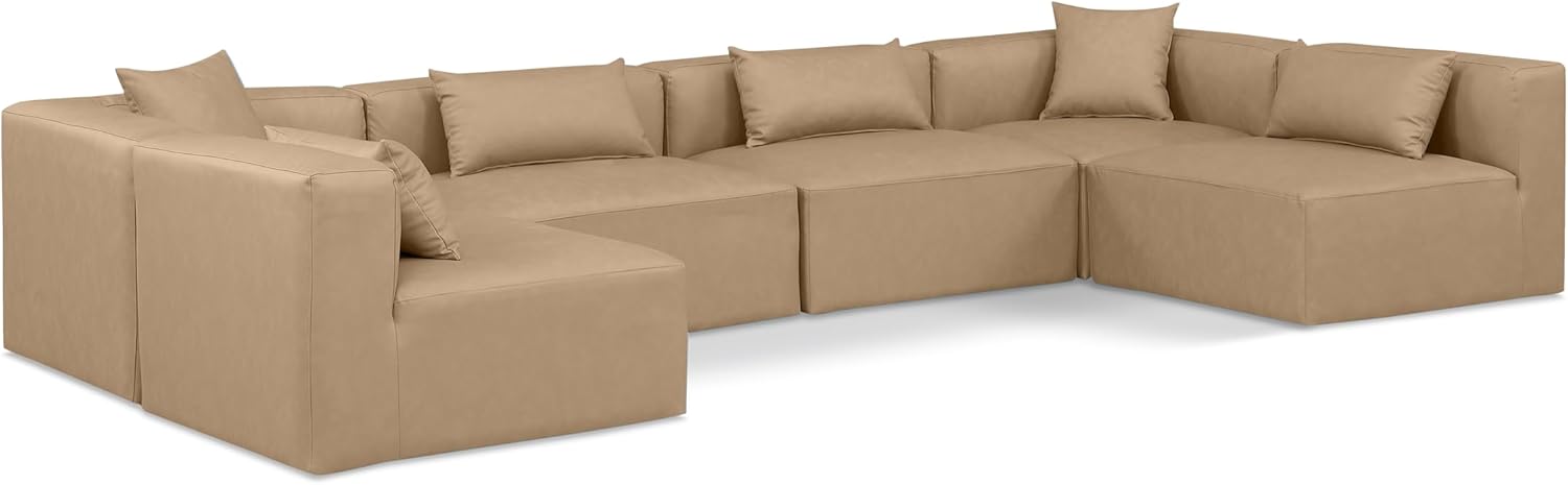 Meridian Furniture Cube Collection Modern | Contemporary Sectional with Soft Vegan Leather, Modular to Create Infinite Configurations, 144" W x 72" D x 26" H, Tan