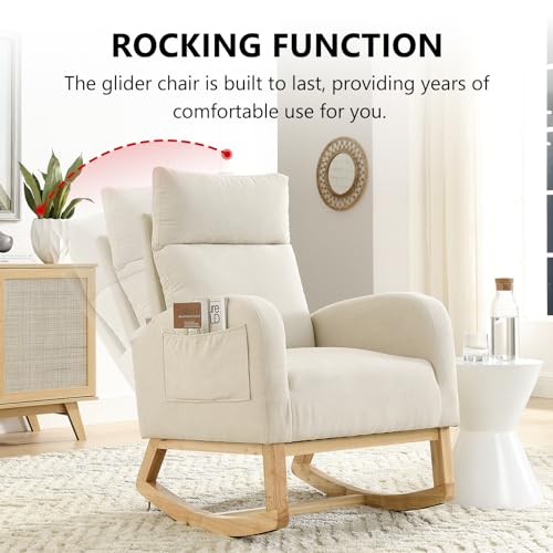 NIOIIKIT Modern Nursery Rocking Chair, Teddy Upholstered Glider Chair with High Back and Side Pocket, Comfy Accent Armchair with Wood Legs, Recliner Chair for Living Room (Grey Teddy)