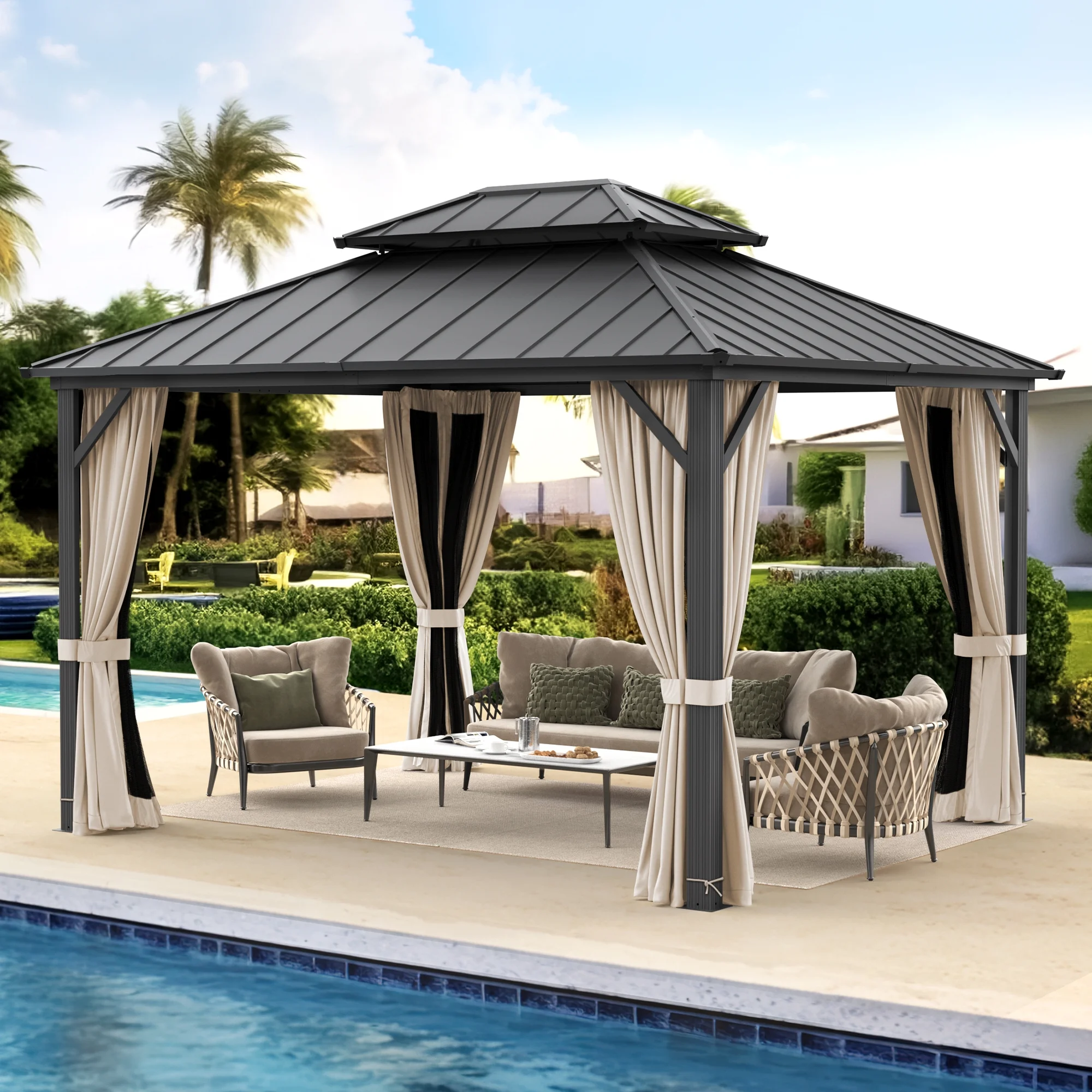 Dycanpo Hardtop Gazebo with Nettings Curtains, Galvanized Steel Double Roof Pergola,10'x12',Black - Curated Treasures Market