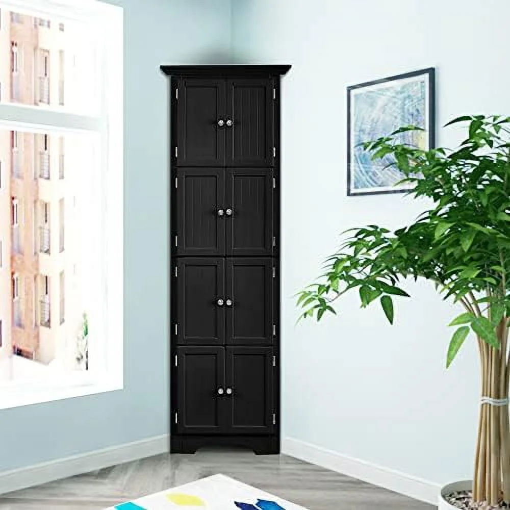 KHBIULIFE Corner Cabinet 72\u201C Tall  Cabinet with 8 Doors and   Free Standing Corner Hutch Cabinet for Bathroom Kitchen Living Room Office (Corner-Black)
