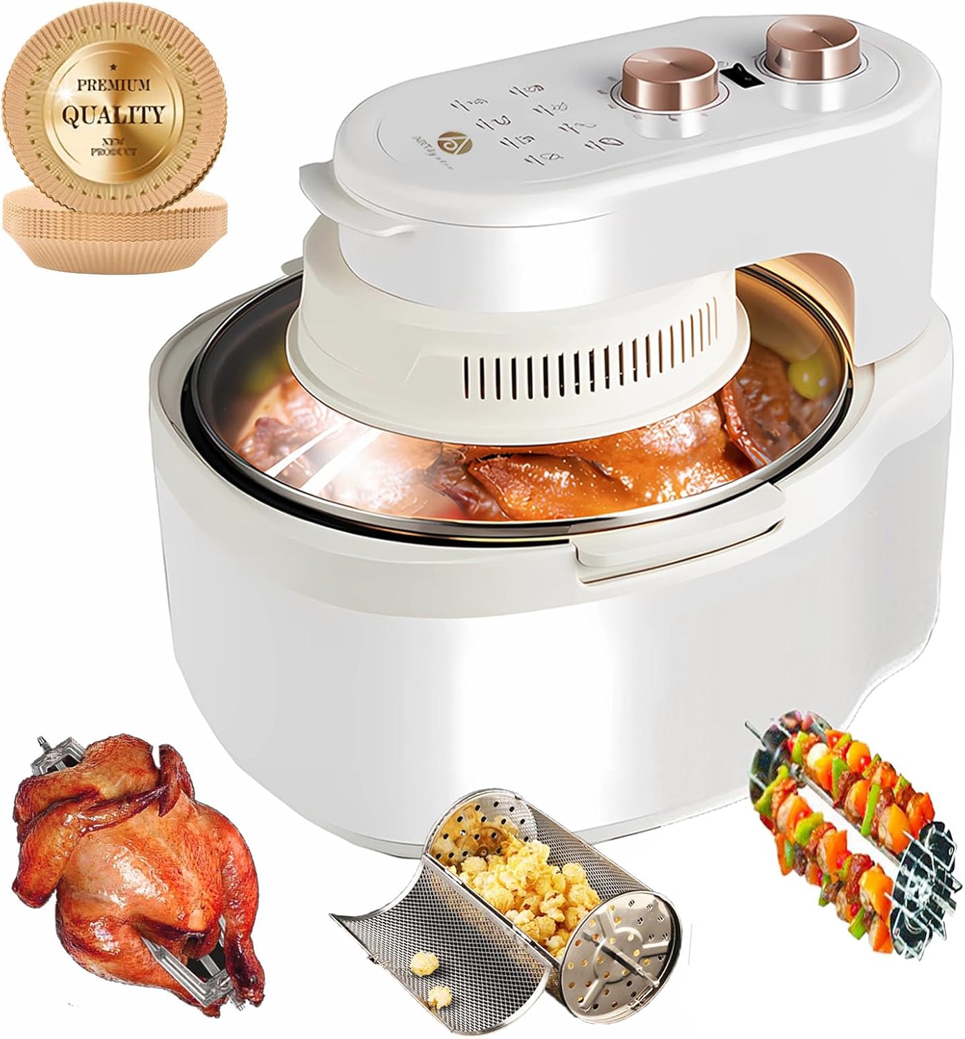 10-in-1 Functions Glass Air Fryer 8 Qt Large Capacity,Explosion-Proof,White Gold and Beige Cream Color,Rotating Grill Basket-Even Heating,Visible Window,Won't Burnt,No Smell