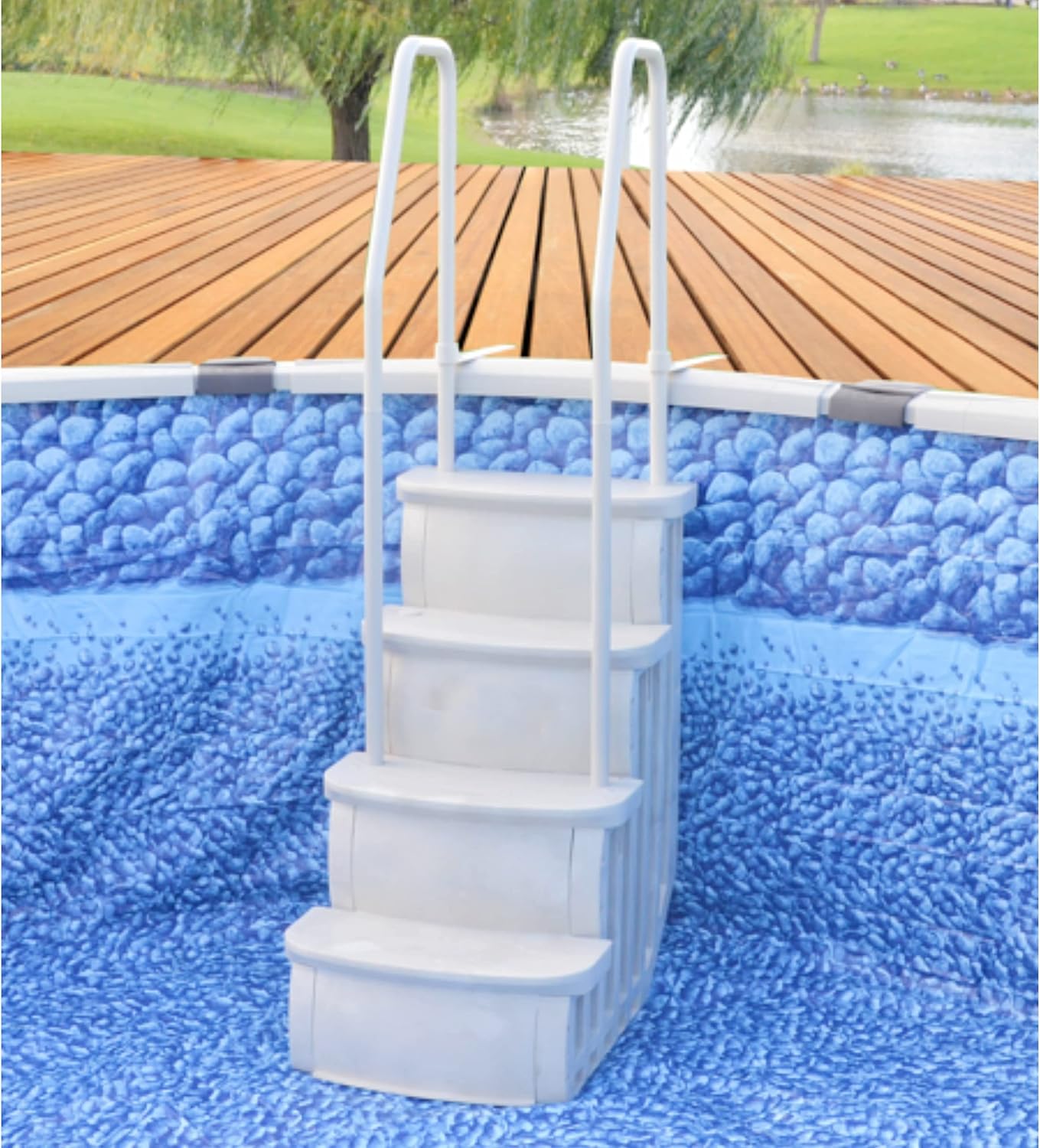 Main Access 200601T 26 Inch Wide iStep Above Ground Swimming Pool Step Ladder No Swim Zone and Flow Through Step Entry System, White