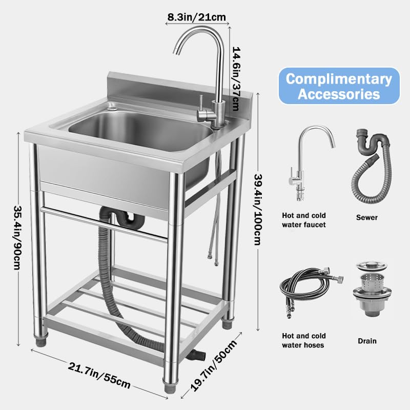 Stainless Steel Utility Sink - Single Bowl, Free Standing, Indoor/Outdoor, 21.7" with Cold & Hot Water Faucet