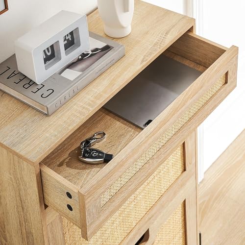 Stylish Rattan Shoe Storage Cabinet with 3 Flip Doors, 1 Drawer, and Adjustable 3-Tier Shelves - Perfect for Entryway, Hallway, Living Room, and Bedroom (Oak Color, Space-Saving Design)