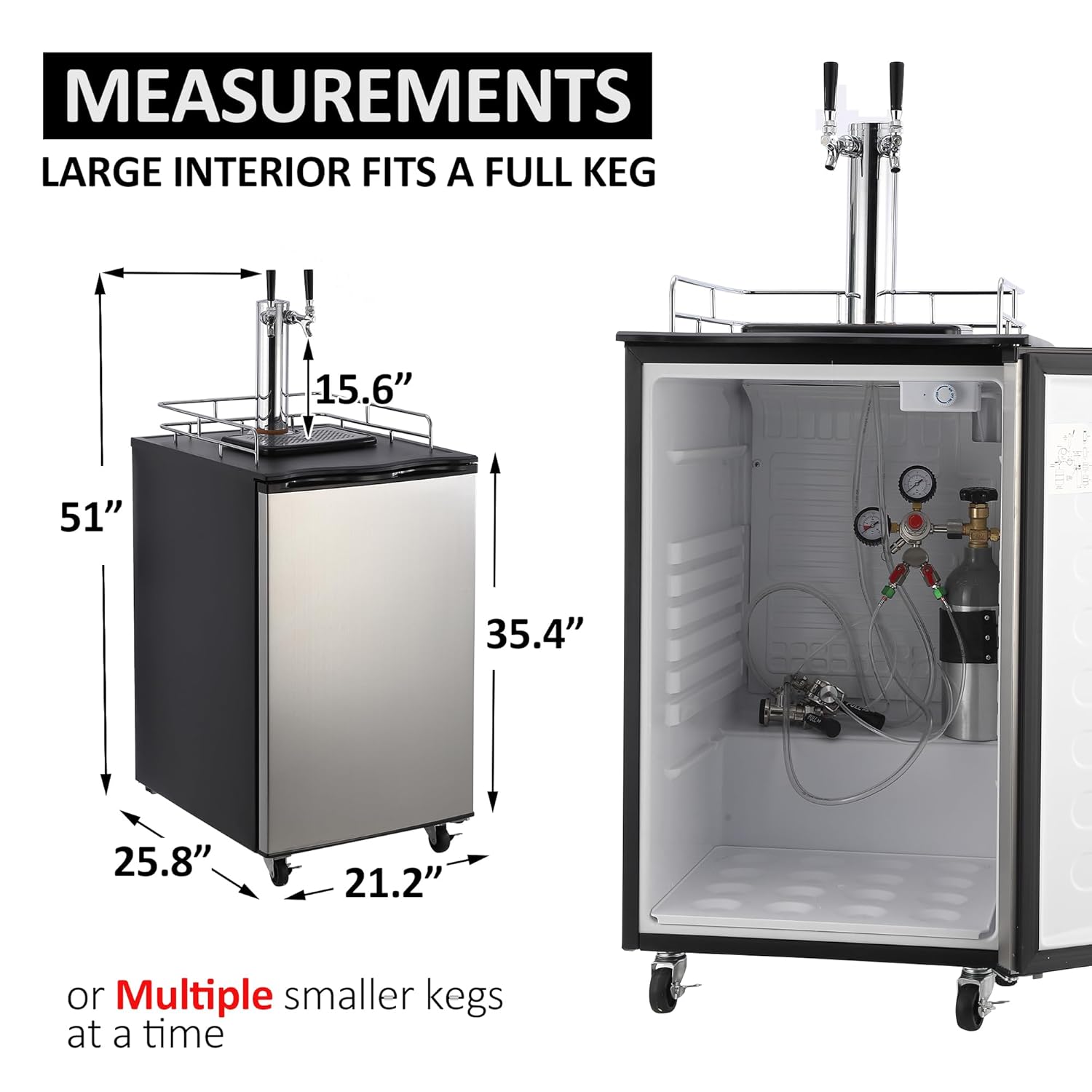 Beer Kegerator, Dual Tap Draft Beer Dispenser, Full Size Stainless Steel Keg Refrigerator With Drip Tray, CO2 Cylinder, 32°F- 50°F Temperature Control, 170L