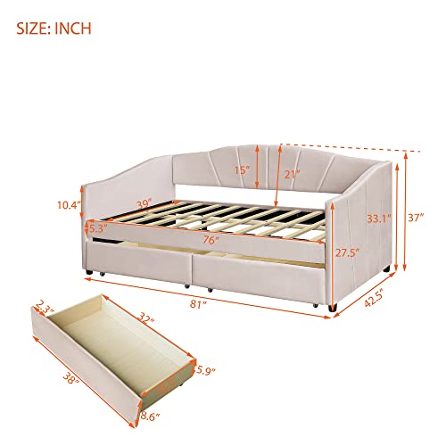 Harper & Bright Designs Twin Size Daybed, Upholstered Daybed with Two Storage Drawers, Wood Daybed Twin Size, Wood Slat Support Day Bed Frame, No Box Spring Needed, Easy Assembly, Beige
