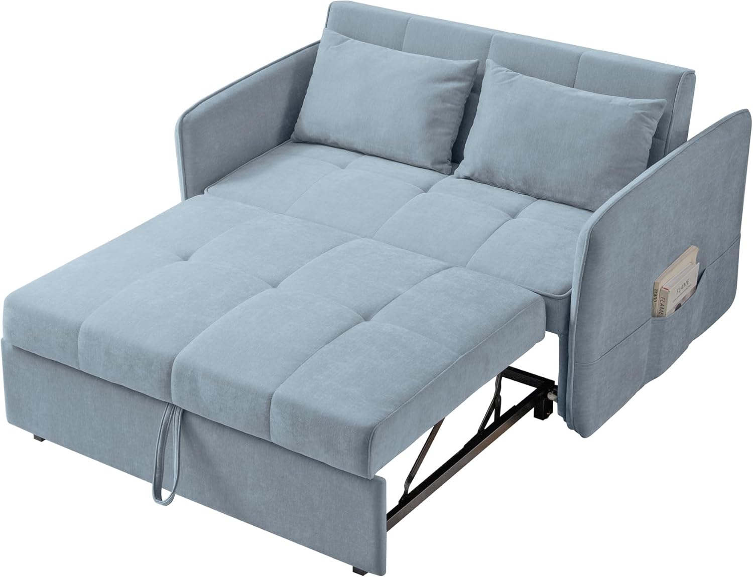 53.5in 3 in 1 Multi-Function Chenille Fabric Double Sofa Bed Post-Modern Minimalist with Pull-Out Bed with Adjustable Backrest/Lumbar Pillow/Side Pockets Storage, Bluish Grey, SFC848003