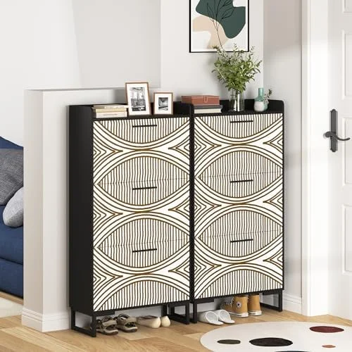 RUNFAYBIU Shoe Cabinet for Entryway Slim Shoe  Cabinet with Color Painted Pattern Shoe Rack Cabinet with 3 Flip Drawers  White Shoe Cabinet for Entryway (Walnut)