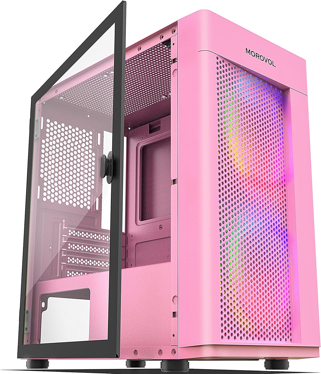 MOROVOL Mesh Micro-ATX Tower Computer Case, 2PCS × ARGB Fans Pre-Installed and 2×USB 3.0 Ports, Magnetic Design Opening Tempered Glass Panel & Mesh Front Panel Mini-ITX Gaming PC Case, White