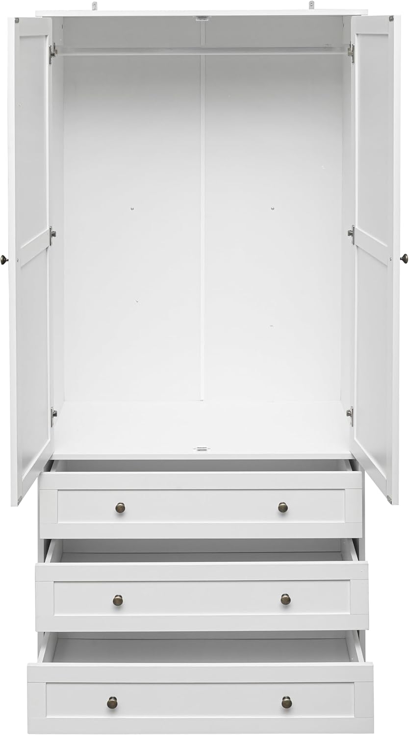 Bedroom Armoire Wardrobe Closet with Rattan Door, Bedroom Armoire Cabinet with Hanging Rod and 3 Drawer,Wooden Tall Wardrobe Cabinet Closet for Bedroom