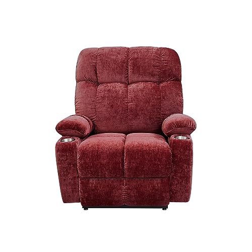 180° Lay Flat Power Lift Recliner Chair with Massage and Heat for Elderly, Dual Motor Upholstered Reclining Sofa with Infinite Position & 2 Side Pockets and Cup Holders for Living Room, Red