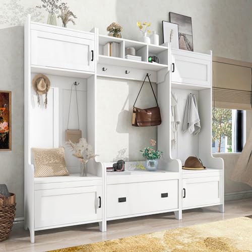 Hall Tree with Bench and Shoe Storage, White Entryway Bench with 7 Coat Rack, 4 Cabinet, 1 Drawer and Open Shelves, Large Mudroom Bench with Shoe Storage and Hooks for Hallway, Entry Way