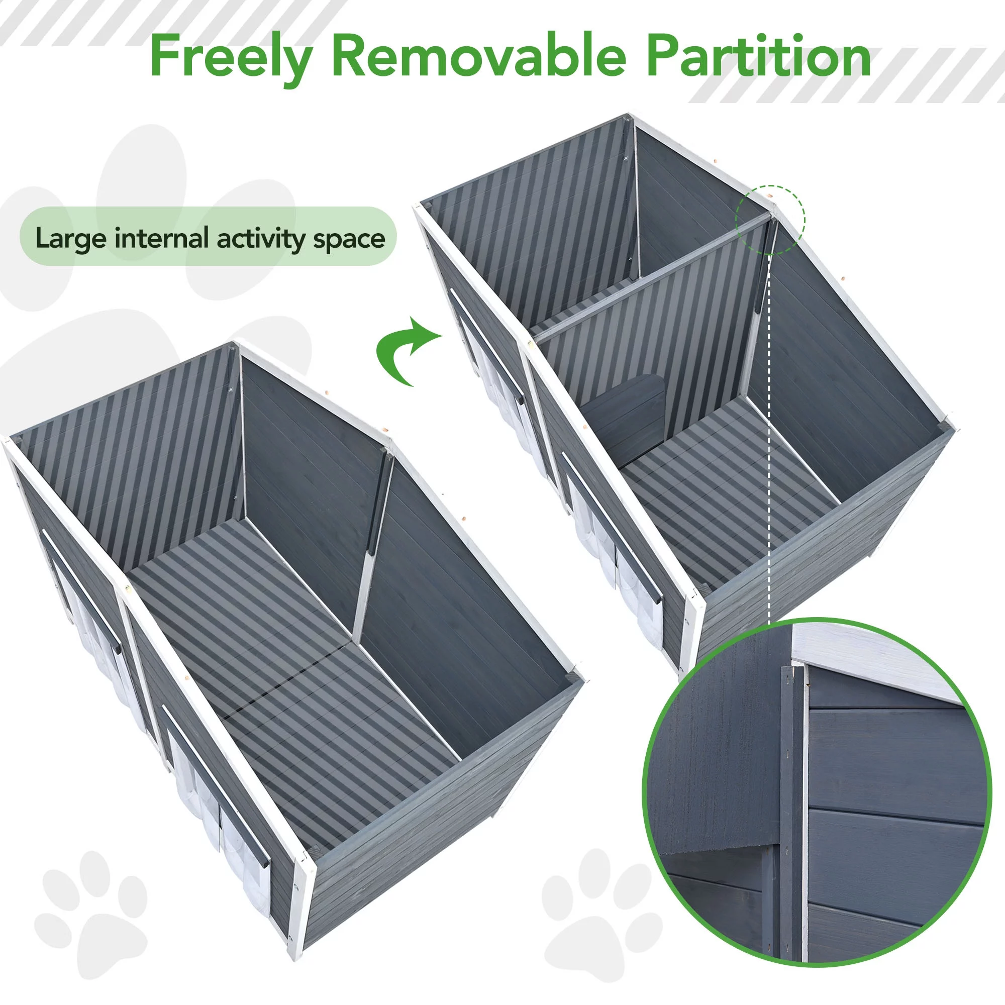 Soges 47" Large Wooden Dog House Outdoor, Pet Log Cabin Home With Porch Deck for Large/Medium Dogs, Gray&Green
