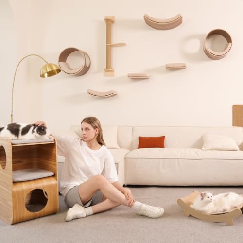 Cat Wall Shelves Round for Large Cat Bed Shelf with Cushion Wall Mounted Cat Condo Cat Perch Wooden Cat Wall Furniture 16.1"x11.8"x16.1", Support to 50 LBS(Left Opening,Oak)