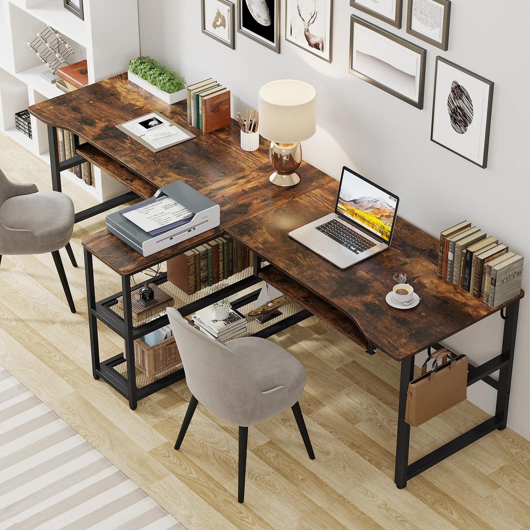 94.5" Two Person Desk, Double Computer Desk with Keyboard Tray & LED Lights
