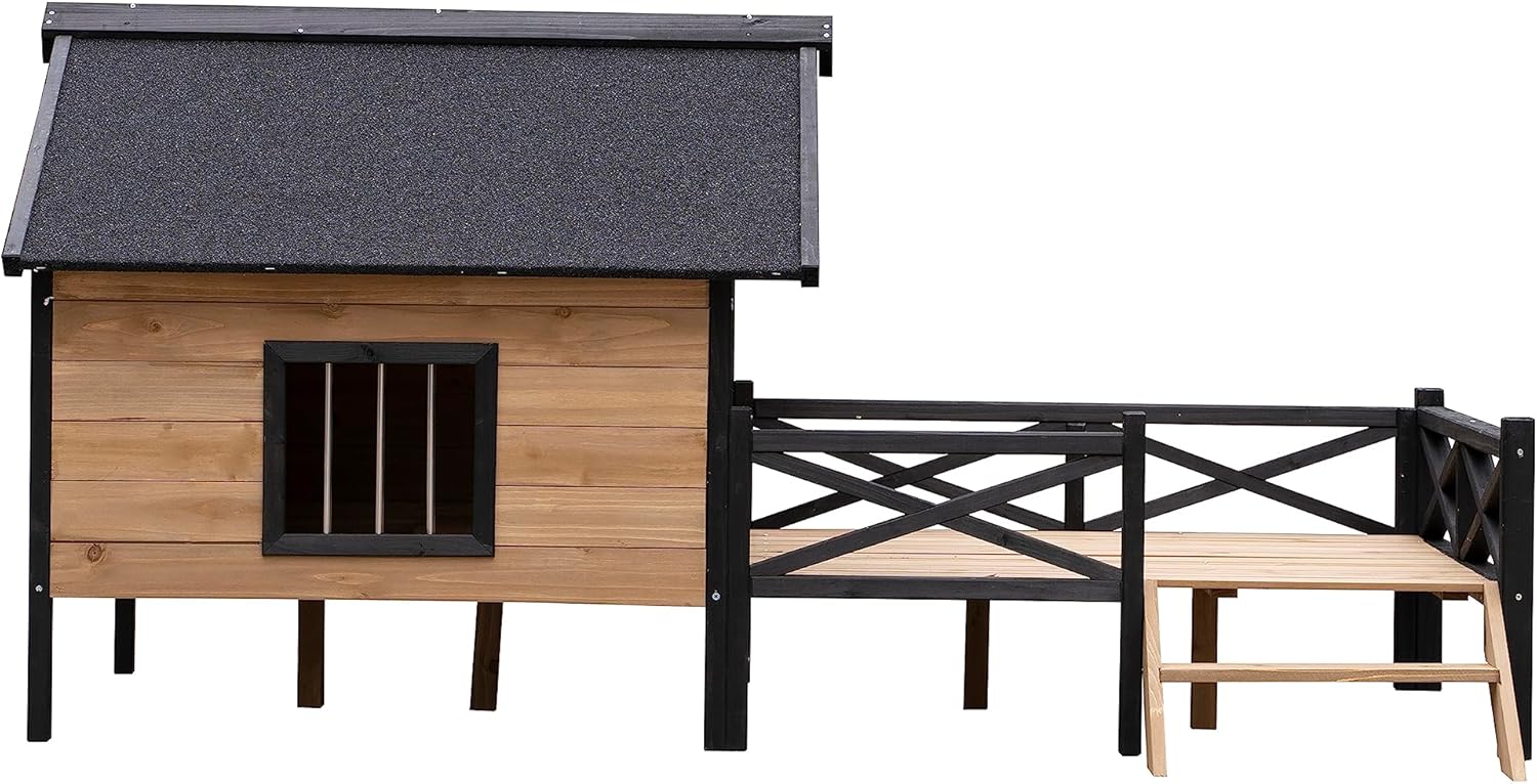 Rustic Wooden Dog Kennel with Porch: Outdoor Cabin Style - Easy Assembly, Kiln-Dried Fir Wood, Waterproof Paint - Quality Construction,Graphic Assembly Guide Included