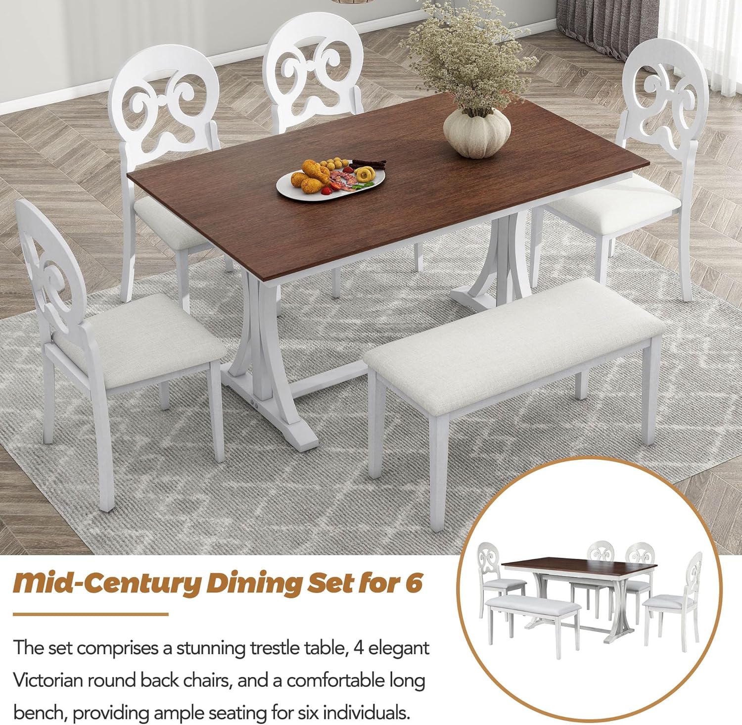 Mid-Century 6-Piece Trestle Table Set with Victorian Round Upholstered Dining Chairs,Vintage Wooden Rectangular Tabletop w/Long Bench,for Living Room/Hostel,Cherry+Antique White
