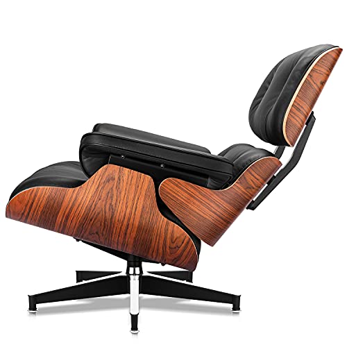 Mid Century Lounge Chair and Ottoman, Modern Chair Classic Design, Top Black Grain Leather Palisander Wood, Heavy Duty Base Support for Living Room Study Lounge Office