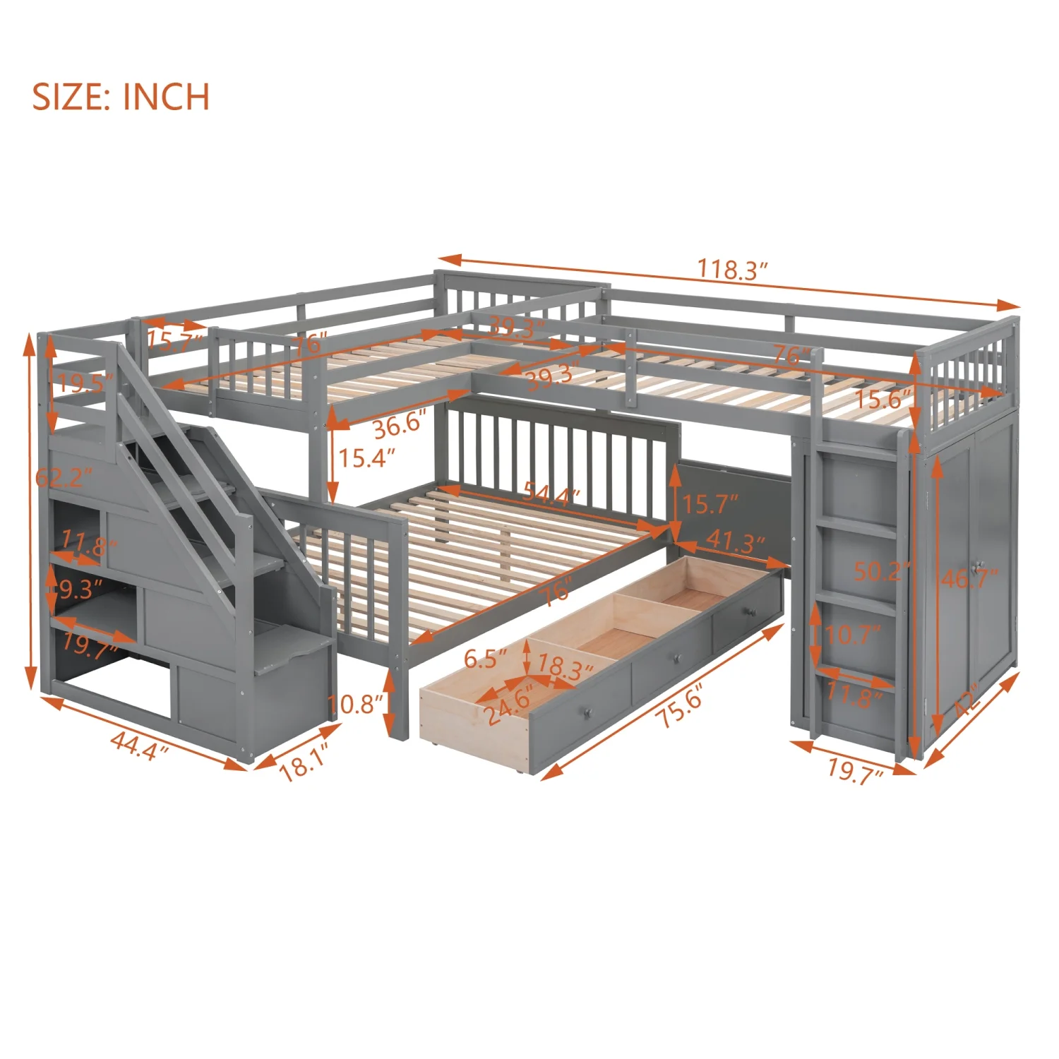 Churanty Twin-Twin Over Full L-Shaped Bunk Bed with Wardrobe Space,Solid Wood Staircase Bunk Bed with Portable Desk,Gray