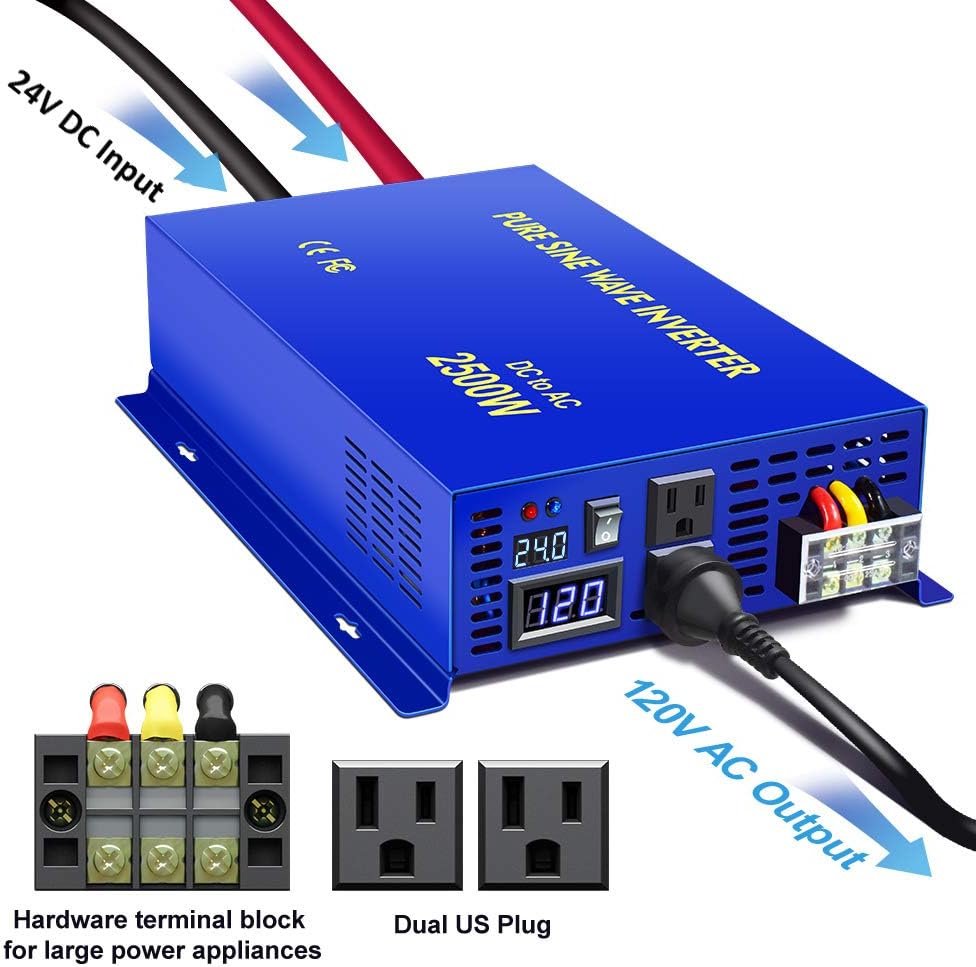 XYZ INVT 2500W Pure Sine Wave Inverter 24v to 110V 120V AC with Wireless Remote Switch, 5000 watt Surge, Power Inverter for Truck, RV Car Camping, Solar System, Grid Off.