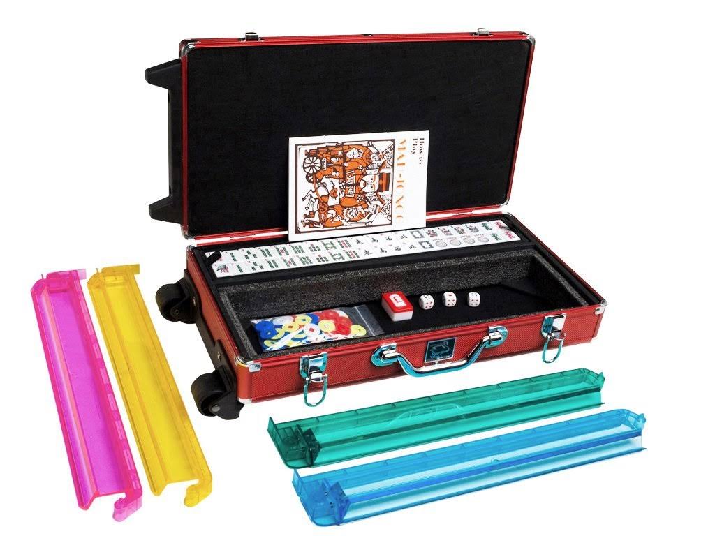 White Swan mAh Jongg Set Wheeled Aluminum Case White Tiles Pusher Arms American Mahjong Game Red