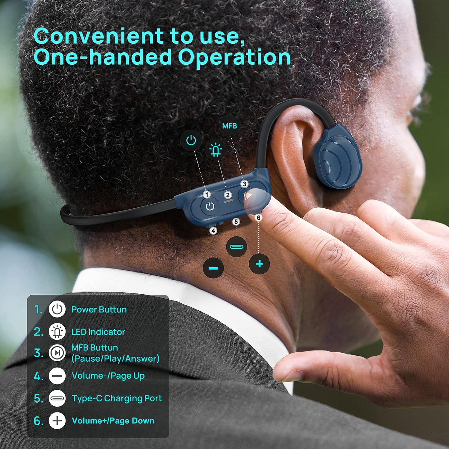 Bone Conduction Headphones Bluetooth, Mionbel Stereo Wireless Earphones Built-in Noise-canceling Mic, Open-Ear Waterproof Sport Headsets for Running Cycling Yoga Hiking Driving Travel, Blue