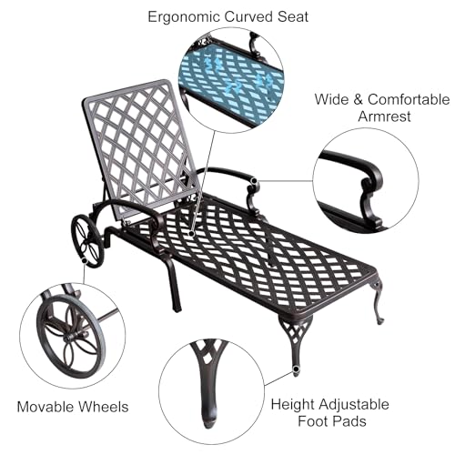 Outdoor Chaise Lounge Chairs, Set of 2 Pool Lounge Chairs Cast Aluminum Tanning Lounges with Cushion Wheels and Adjustable Reclining for Patio Outside(Beige)