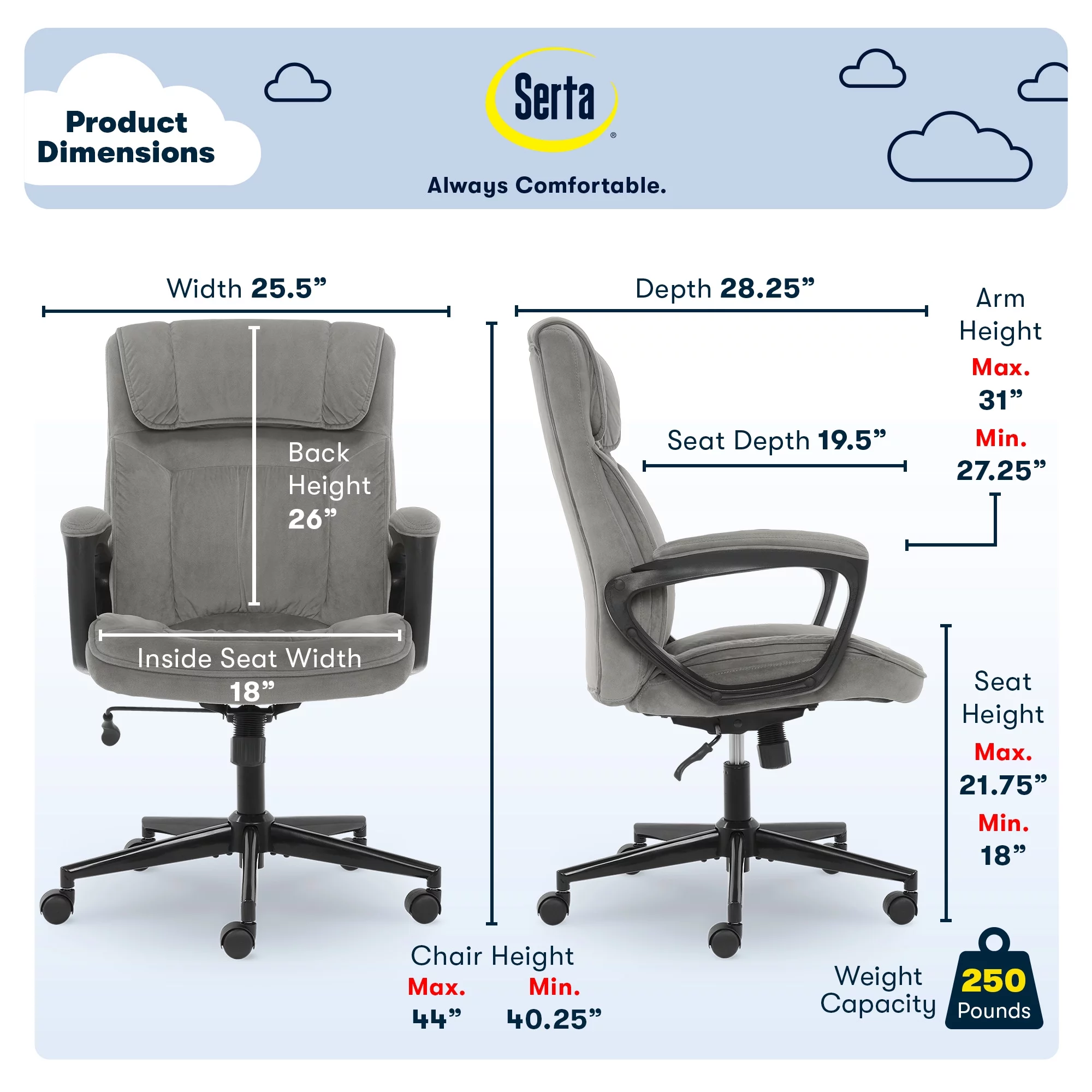 Serta Hannah Microfiber High Back Executive Office Chair with Arms, 250 lb. Capacity, Gray