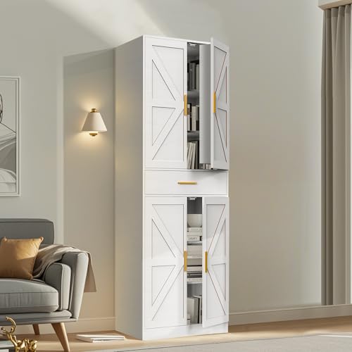 71" Tall Kitchen Pantry Storage Cabinet with 4 Doors & Drawer, Adjustable Shelves, Farmhouse Cupboard, Freestanding Cabinet with Door Shelves for Dining Room/Living Space, Black