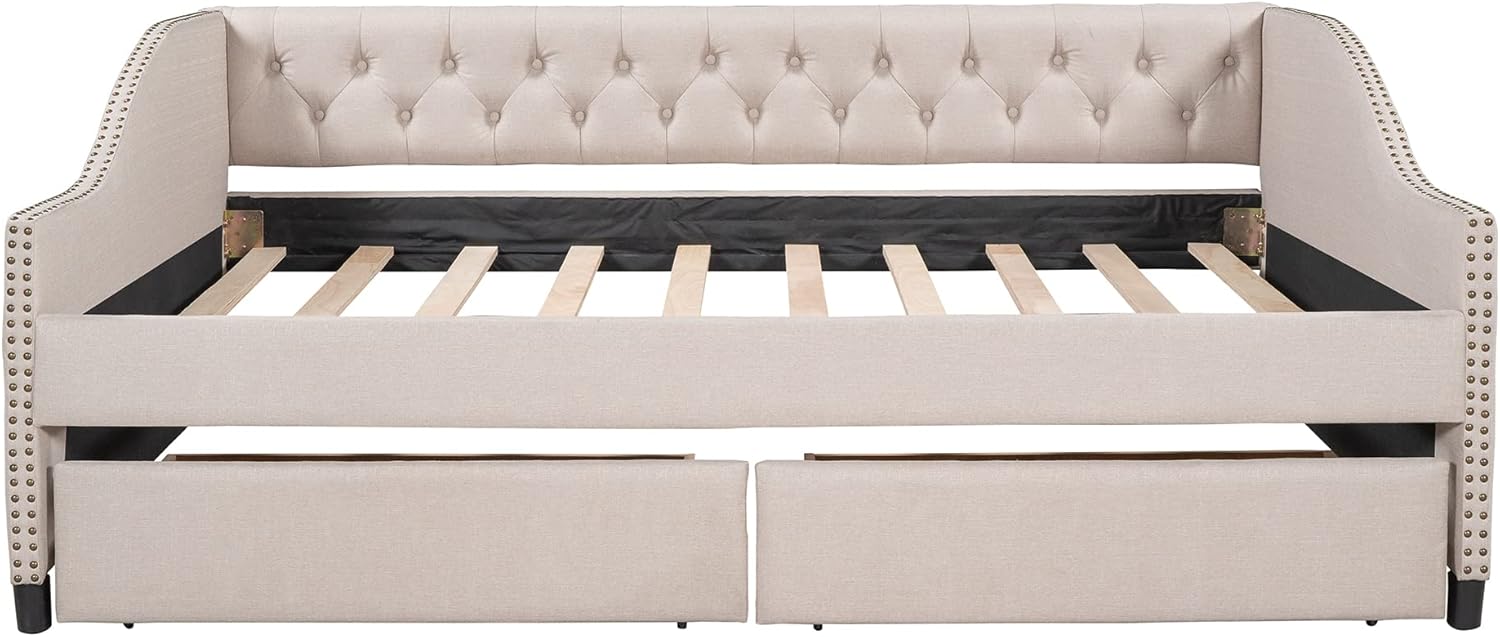 Full Upholstered Daybed Frame with Storage Drawers, Full Size Sofa Bed for Bedroom Living Room Guest Room, Wood Slat Support, Beige