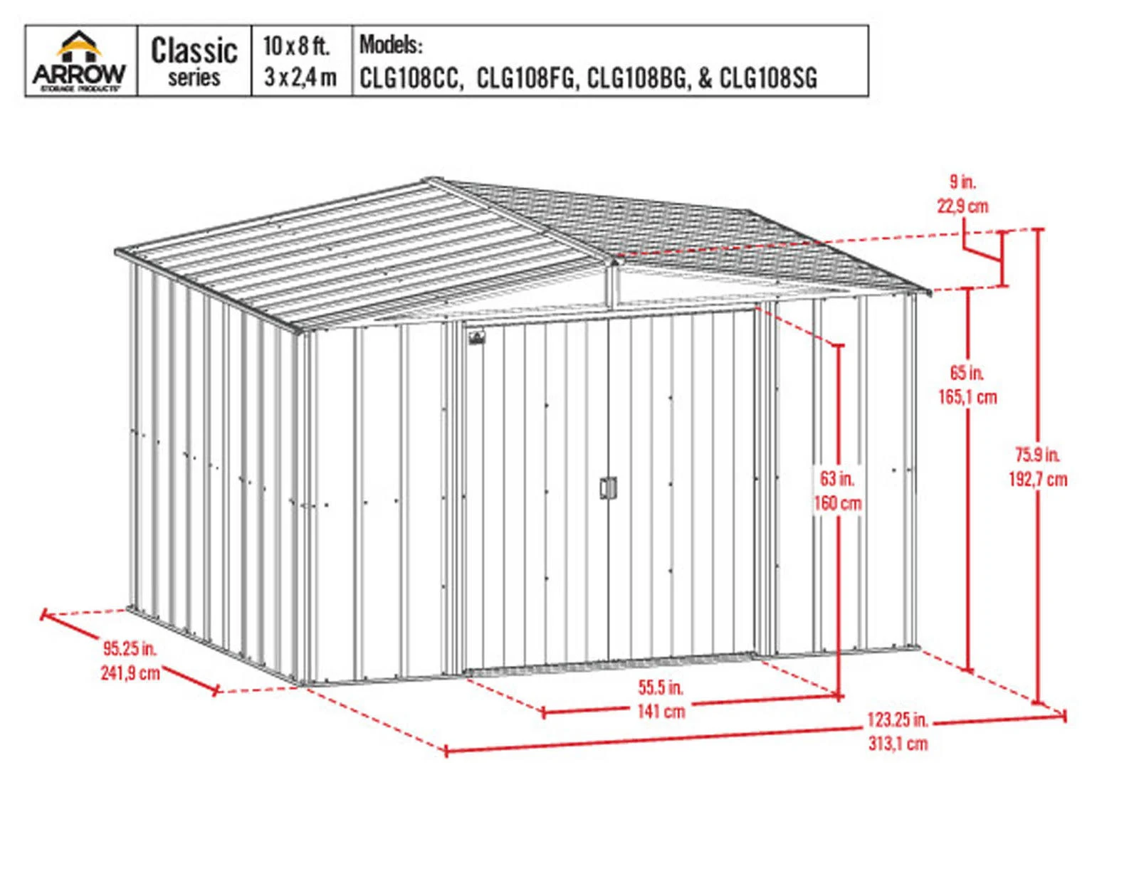 Arrow Classic 10 ft. x 8 ft. Steel Storage Shed in Charcoal
