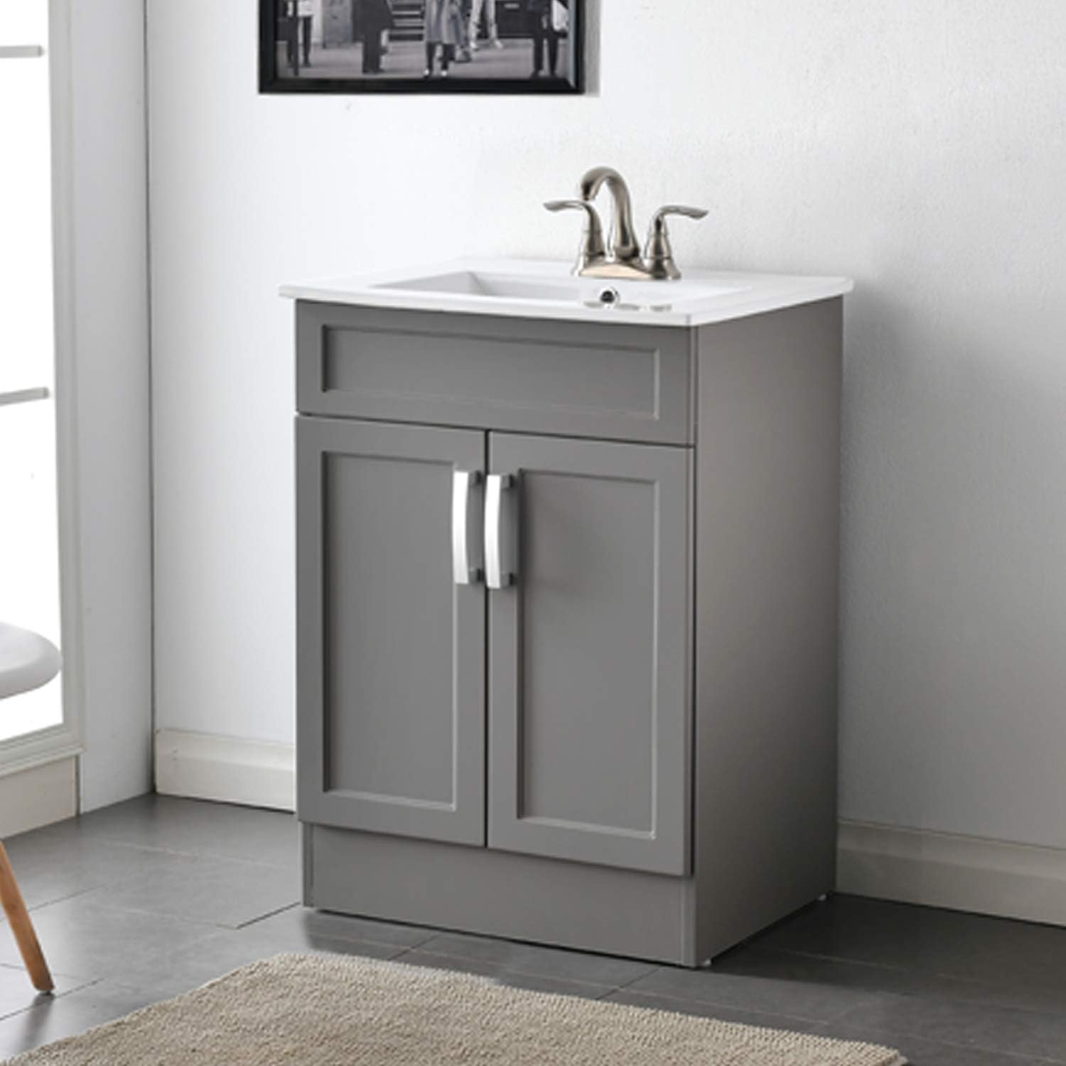 Modern 24 Matte White Stand Cabinet Bathroom Vanity, Bathroom Combo Cabinet with White Ceramic Vessel Sink and Two Closing Doors (White)