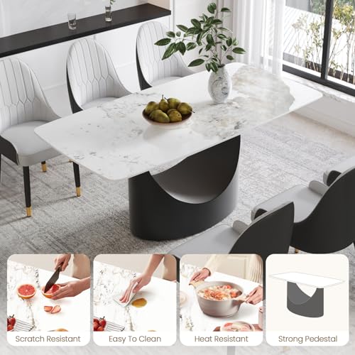 Modern Rectangle Marble Dining Table,63" White Marble Sintered Stone Top Dining Table,Rectangle Dining Room Table with Unique U-Shape Black Carbon Steel Pedestal for Kitchen/Living Room(Table Only)