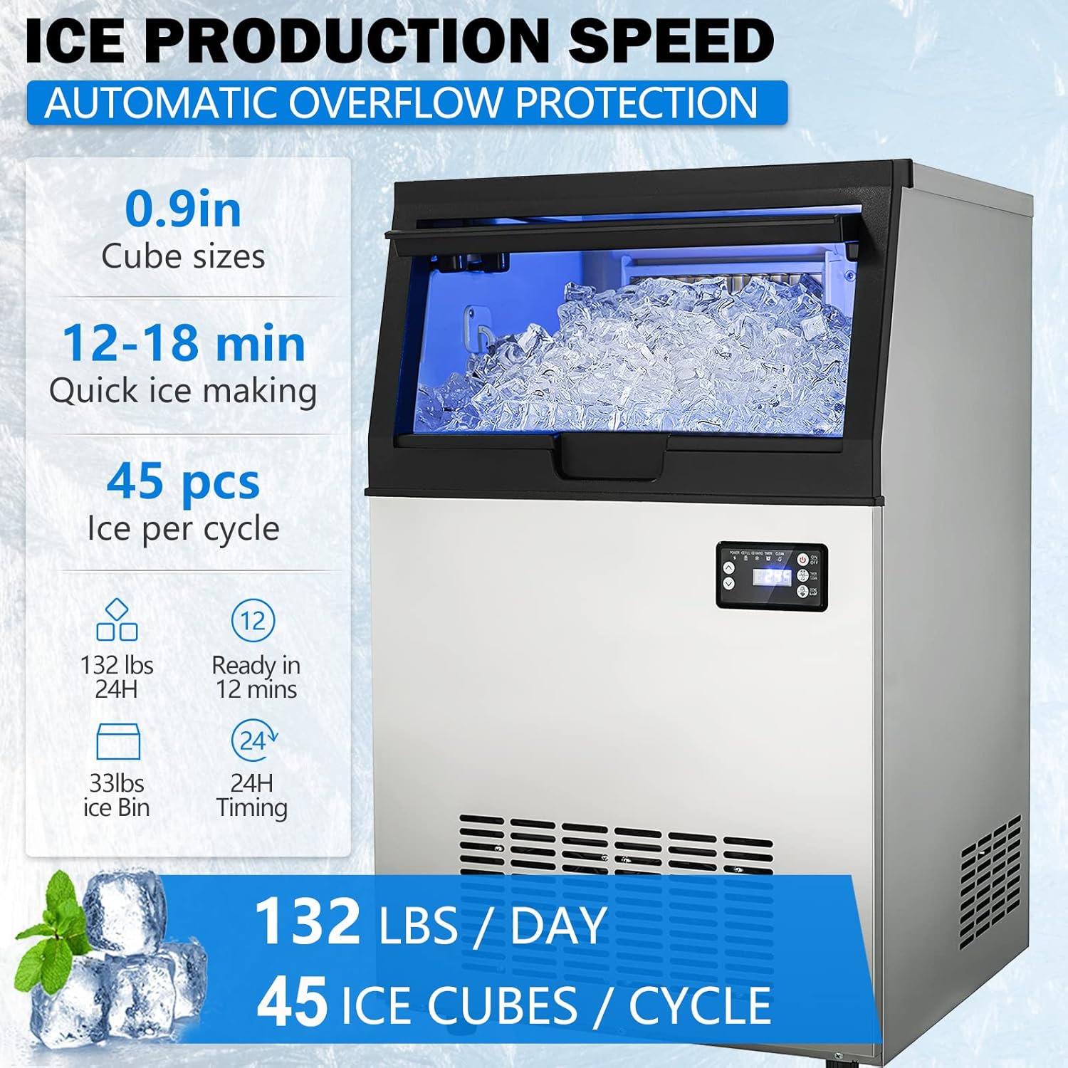 Commercial Ice Maker Machine, Freestanding Ice Maker Machine 132lbs/24H with 33lbs Ice Storage Capacity, Stainless Steel Ice Machine Ideal for Coffee Shop, Restaurants, Homes and Offices