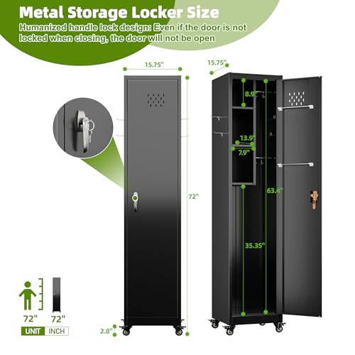 Aobabo 71" H×34" W×18" D Garage Metal Storage Cabinet with Wheels, Locking Steel Storage Cabinet with 5 Shelves and 4 Hooks, for Home Office, School, Assembly Required, Black Silver