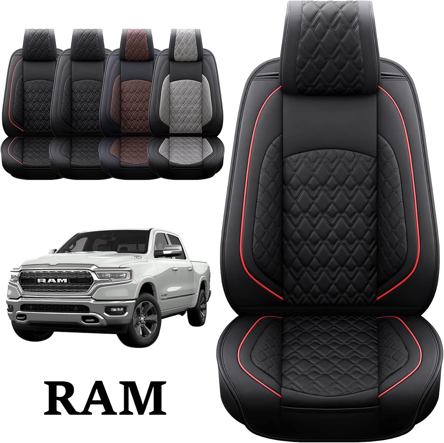 JOJOBAY Car Seat Covers for Dodge Ram 2 Pcs Front,Fit Ram 2009-2022 1500/2500/3500 Pick-up Truck,Crew,Regular,Quad,Mega Cab,Waterproof Synthetic Leather Seat Covers Protectors（2 PCS Front,Black-Grey）