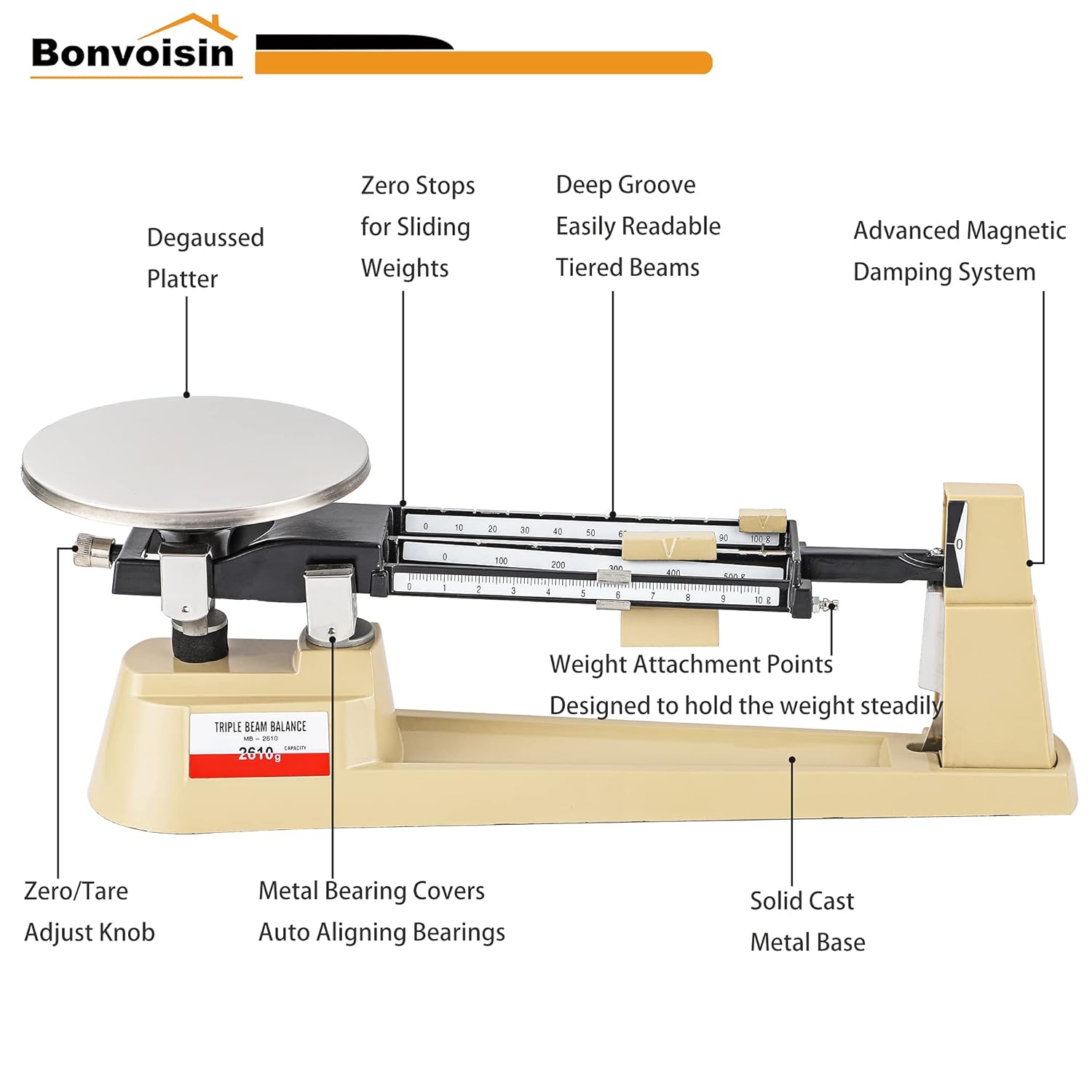 Triple Beam Scale Bonvoisin Lab Mechanical Balance 2610g/0.1g with Stainless Steel Weighing Platter (Triple Beam Scale)