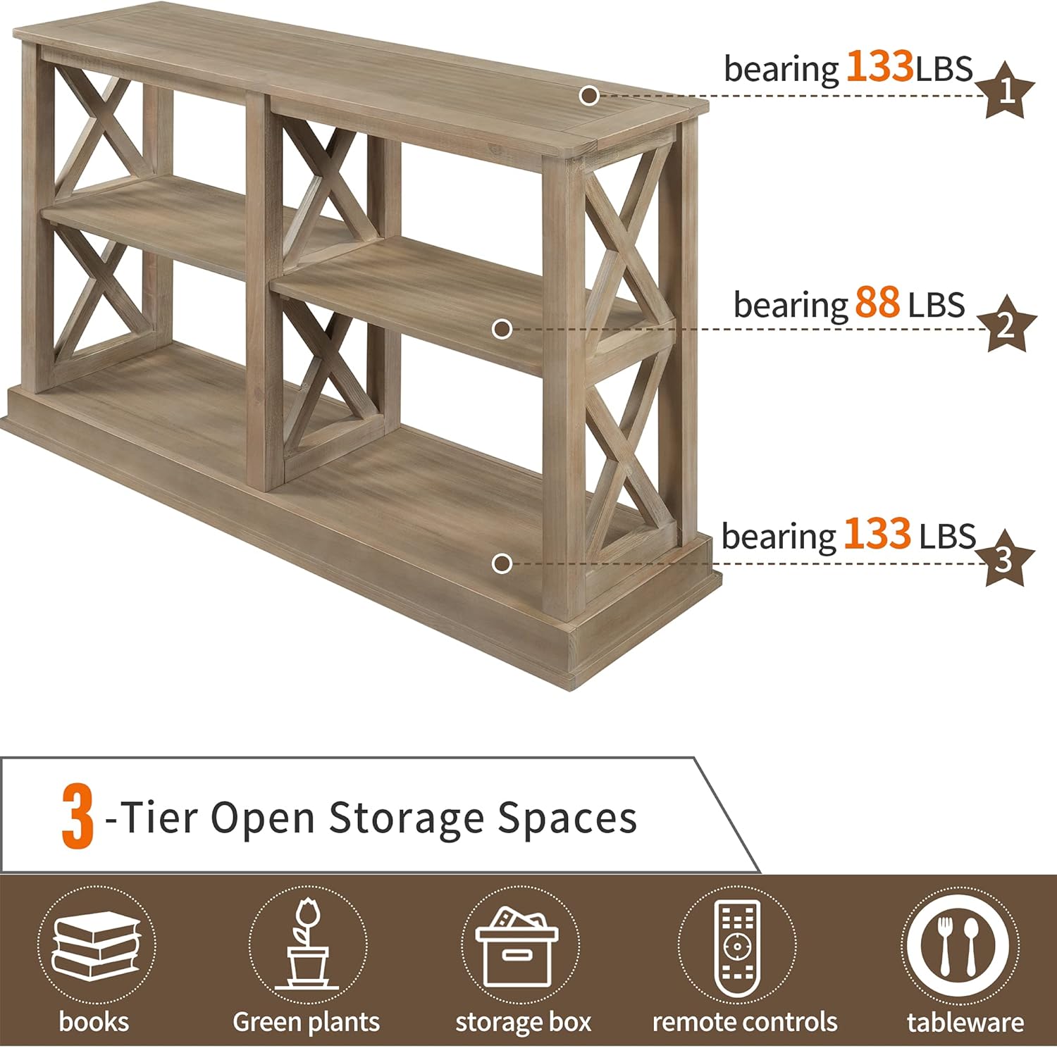 Console Table with 3-Tier Open Storage Spaces and “X” Legs, Narrow Sofa Entry Table for Living Room, Entryway and Hallway (White Wash)