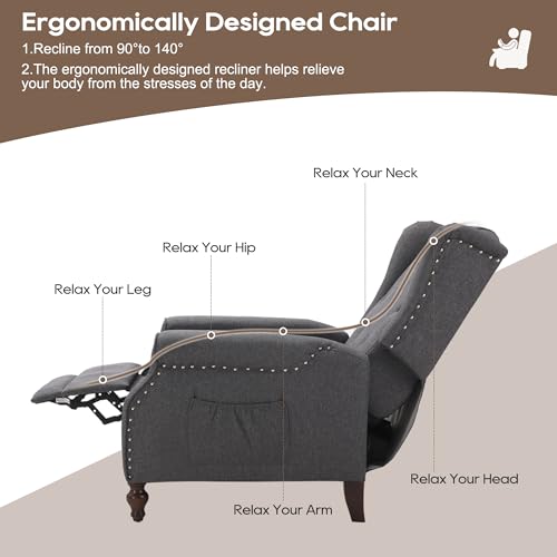 Wingback Recliner Chair with Massage and Heat, Tufted Fabric Pushback Recliner Chair, Wingback Chair with Remote Control, Padded Cushion, Wooden Legs, Small Recliners for Small Spaces