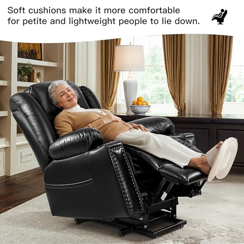 Small Dual Motor Power Lift Chairs Recliners for Elderly with Heat and Massage, Infinite Position Adjustable Lift Chair, Breathable Leather, USB Port, Side Pockets (Black)