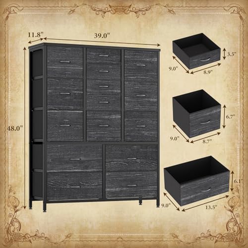 15 Drawers Dresser for Bedroom, Tall Dressers & Chests of Drawers for Hallway, Entryway, Storage Organizer Unit with Fabric, Sturdy Metal Frame, Wood Tabletop, Easy Pull Handle (White)