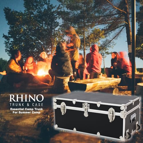 Rhino Trunk & Case Essential Summer Camp Trunk with Wheels - Camping Storage Chest - Ideal Footlocker for Campers - Strong 1000+ Pounds Sitting Capacity Trunks 32"x18"x14" (Black)