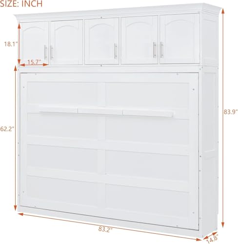 MERITLINE Queen Horizontal Murphy Bed Cabinet with Storage Bookcase Shelves and Charging Station,Wood Folding Grey Murphy Wall Bed for Adult