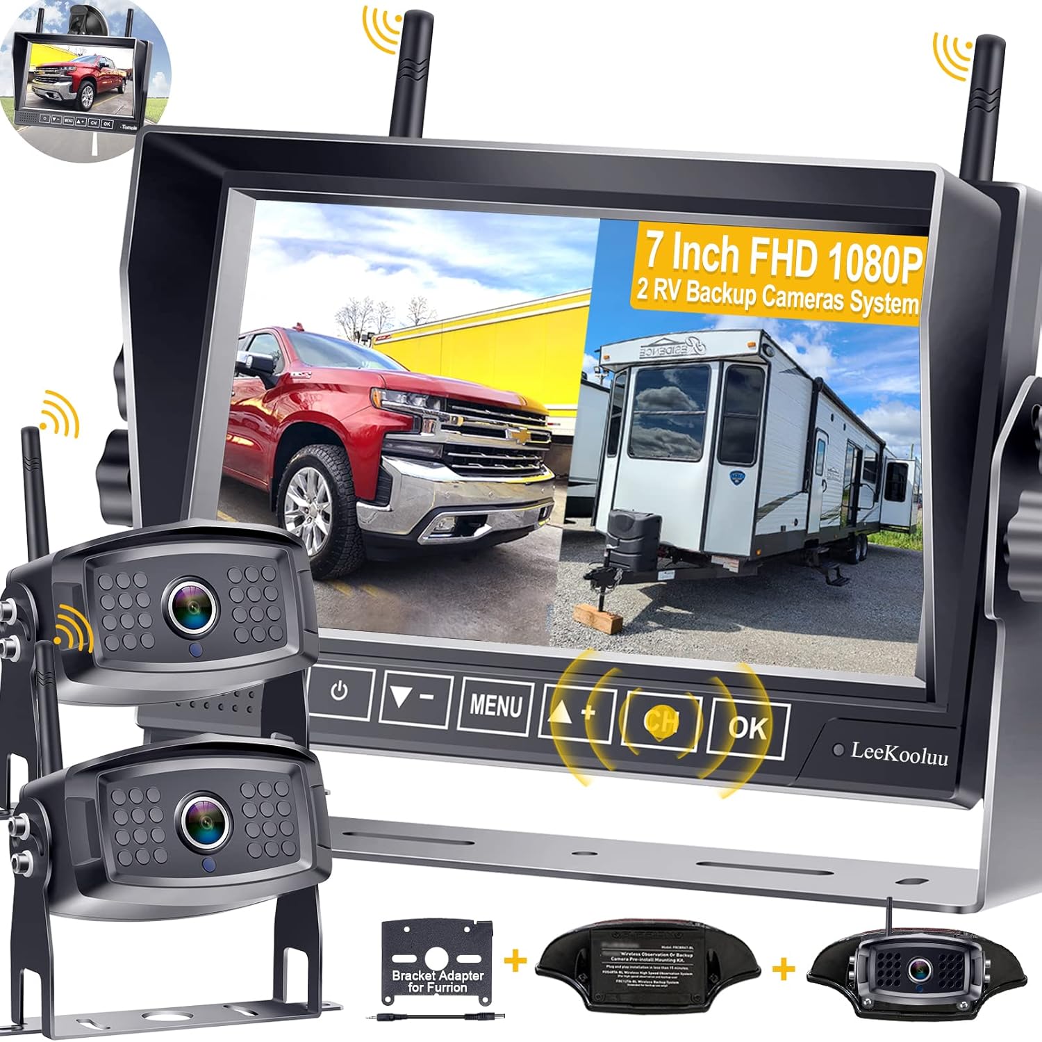 Wireless Trailer Camera HD 1080P 7 Inch DVR Monitor with Wireless 2 Rear View Cameras for RV/Truck/Bus/Camper/5th Wheel IP69 Waterproof Support 4 Cameras LeeKooLuu LK9