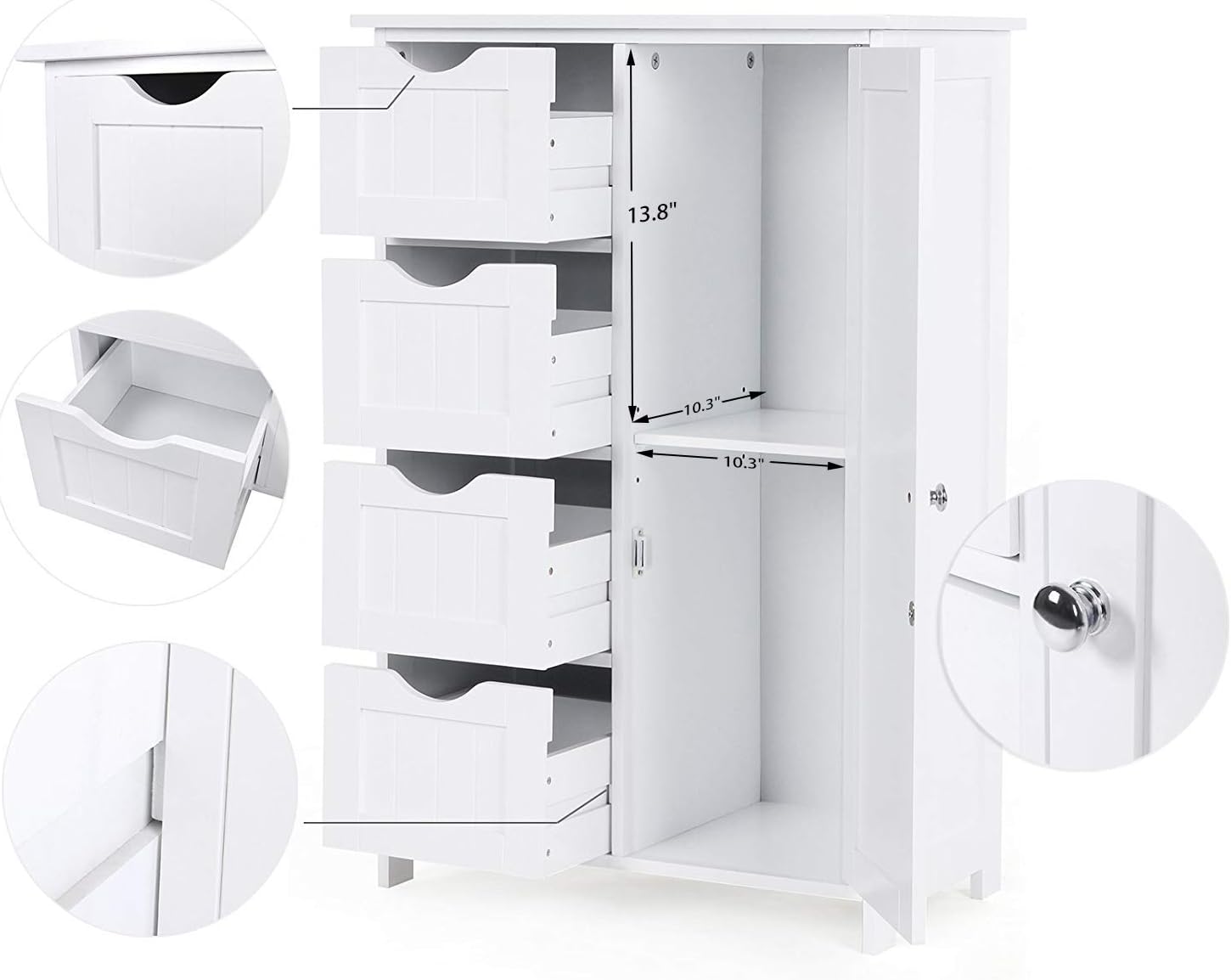 ONME Bathroom Floor Cabinet, Storage Cabinet Wooden with 1 Door & 4 Drawer, Free Standing Wooden Entryway Cupboard Spacesaver Cabinet, Entryway Cupboard, Toy Organizer Cabinet White